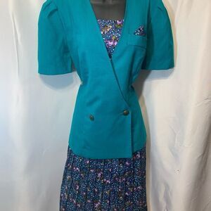 Damon Petite 1980’s Vintage Turquoise Jacket & Colorful Skirt Suit Set sz 8
